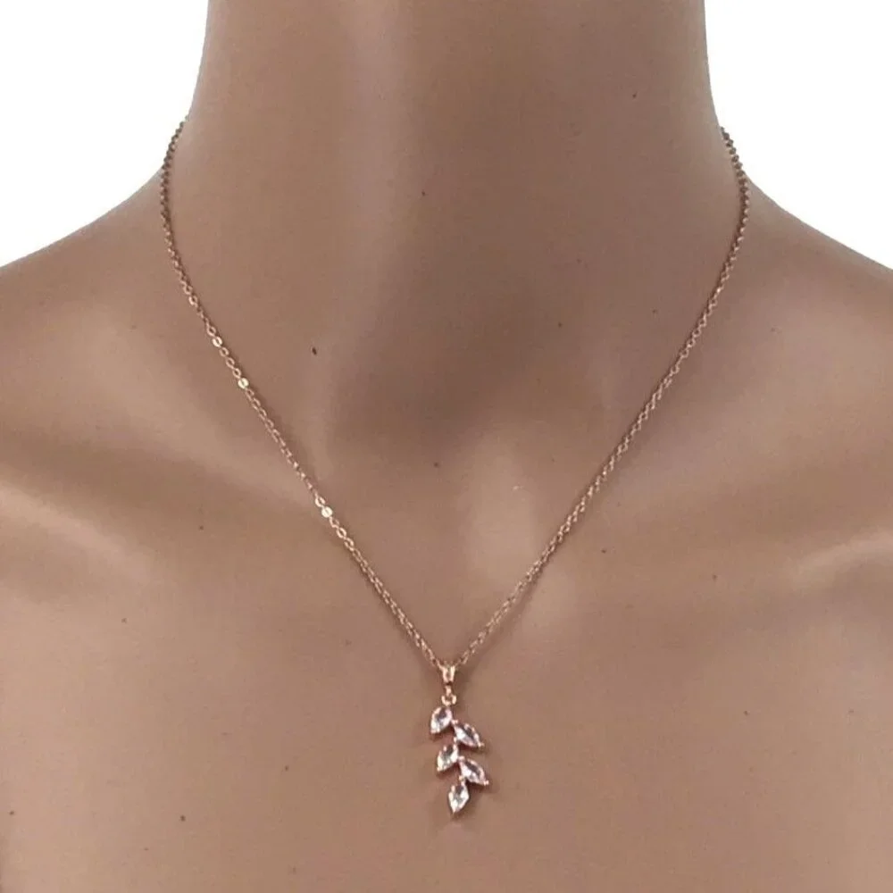 Cubic Zirconia Olive Branch Pendant Necklace Earring Set Rose Gold
